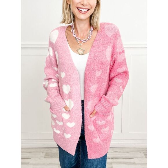 BiBi Cozy Oversized Pink Heart Cardigan - Picture 3 of 13